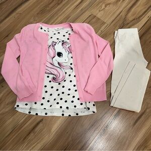 Children's Place Pink Cardigan and H&M Unicorn Top, Cat & Jack Leggings